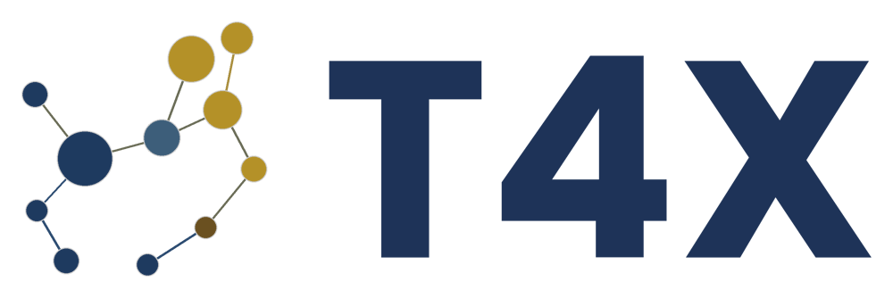 Logo mit verbundenen Kreisen in Blau- und Goldtönen, daneben der dunkelblaue Text "T4X".