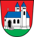 Wappen mit weißer Kirche mit blauen Dächern auf rotem und grünem Schild.