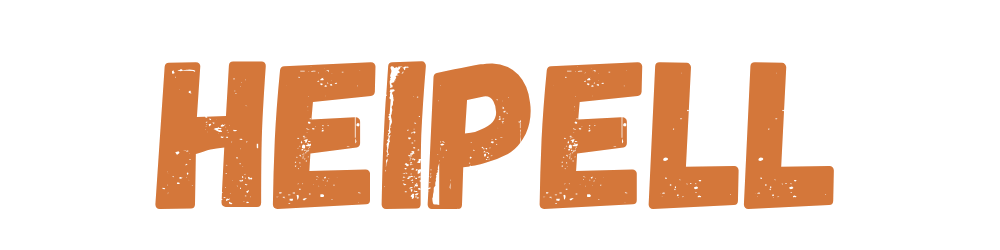 Orangesfarbener „HEIPELL“-Schriftzug auf dunkelgrünem Hintergrund.