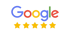 Buntes Google-Logo über fünf goldenen Sternen auf schwarzem Hintergrund.