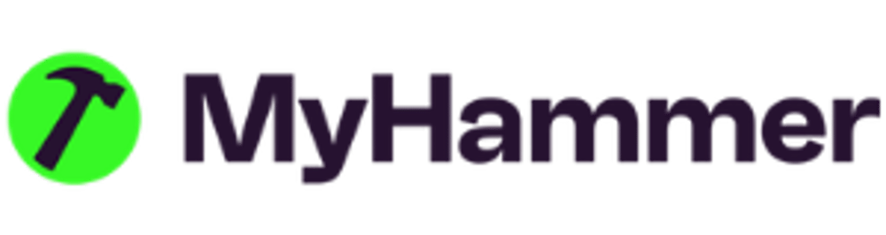 MyHammer Logo mit einem Hammer-Symbol in einem grünen Kreis und dunkelviolettem Schriftzug auf schwarzem Hintergrund.