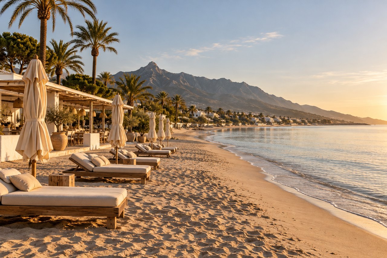 A quiet Marbella beach in the early morning with loungers and closed umbrellas