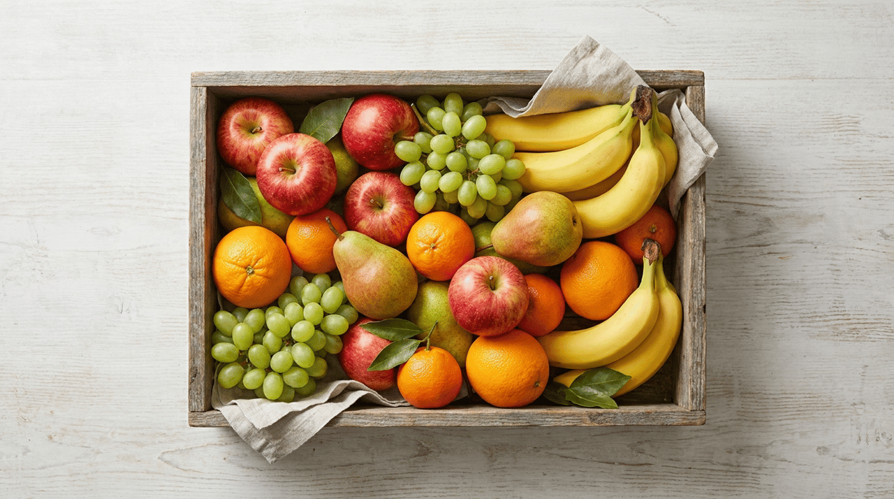 Offene Obstkiste mit frischem Obst von oben fotografiert