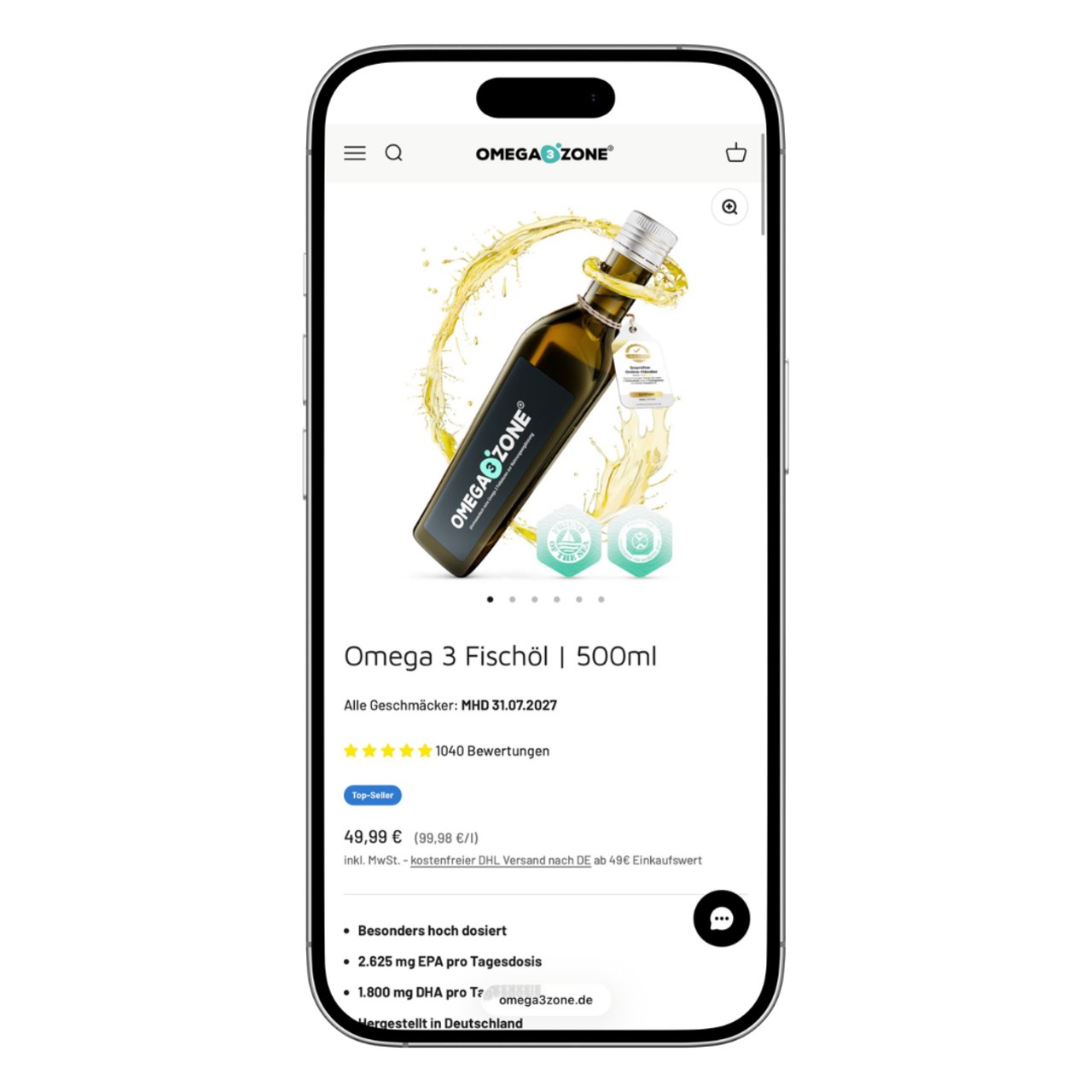 Smartphone zeigt Produktseite für Omega 3 Fischöl 500ml mit schwarzer Flasche und goldenem Öl.