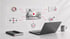 Ein Laptop mit Grafiken zu industrieller Automatisierung, Roboterarm-Video, Zahnrad, Bauplan, Zielscheibe und Schild-Symbol.