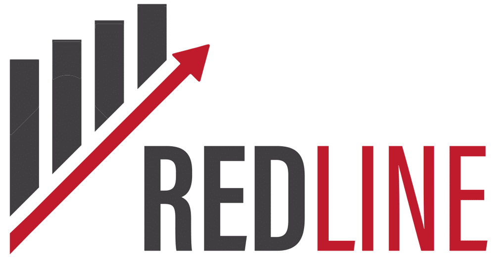 Logo: "REDLINE" in Schwarz und Rot, mit einem roten Pfeil, der nach oben rechts zeigt, vor einem Balkendiagramm.