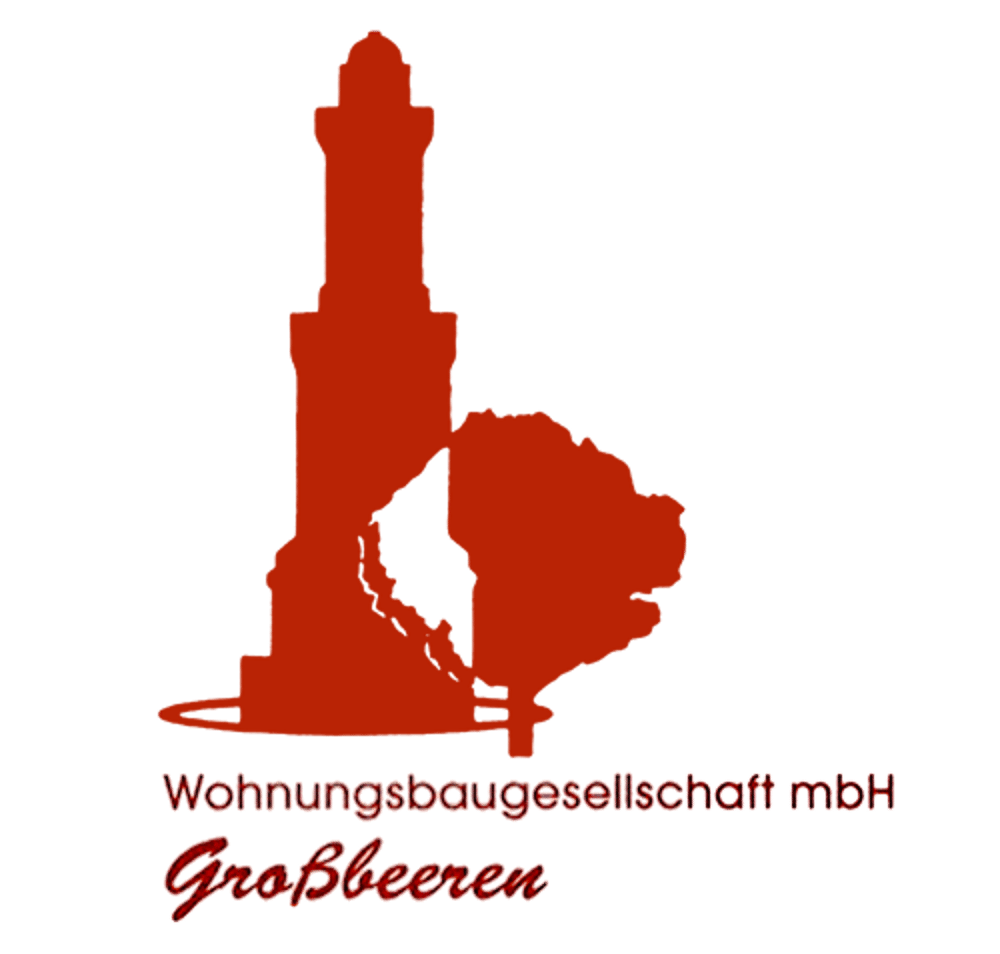 Rotes Logo mit Leuchtturm und Baum, darunter "Wohnungsbaugesellschaft mbH Großbeeren" in Weiß.