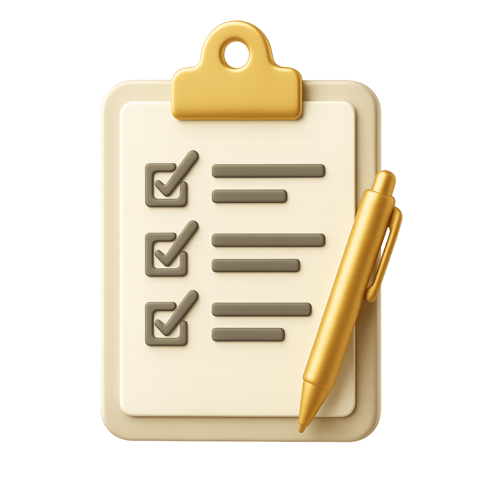 Eine goldene Zwischenablage mit einem weißen Blatt Papier, das eine Checkliste mit drei angekreuzten Kästchen und einem goldenen Stift zeigt.