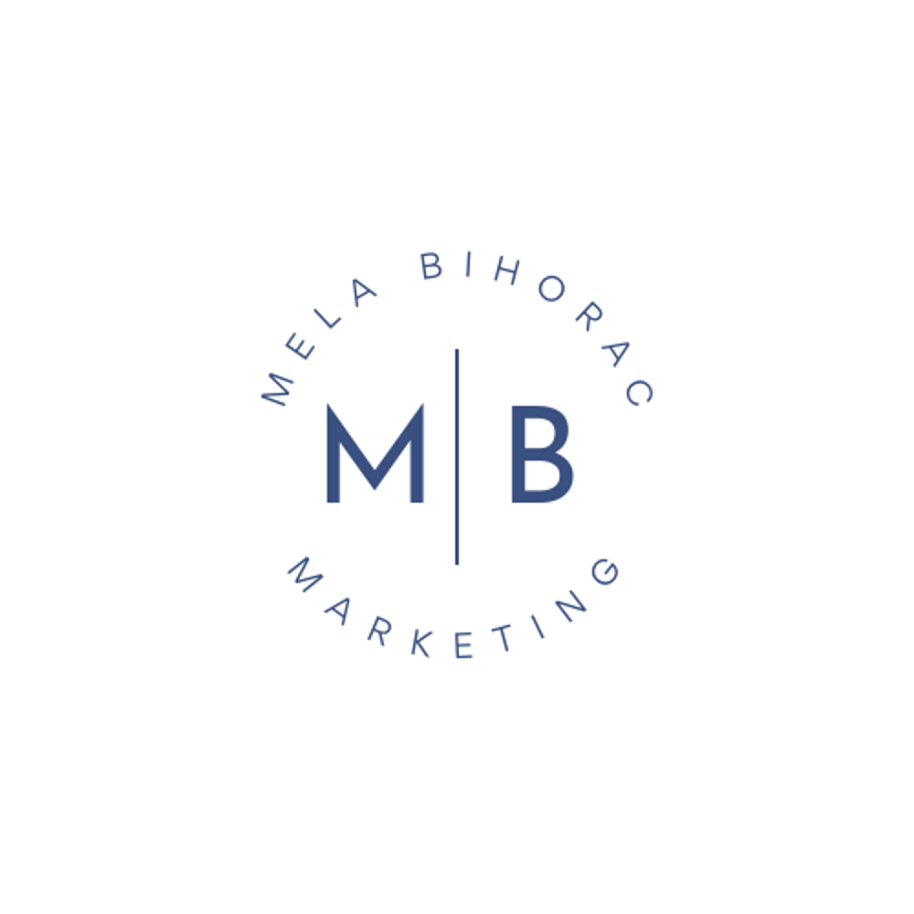 Logo mit Buchstaben "M" und "B", getrennt durch eine Linie, umgeben von "MELA BIHORAC MARKETING".