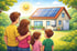 Familie blickt auf ein Haus mit Solarmodulen auf dem Dach, umgeben von grünen Bäumen unter einer lächelnden Sonne.