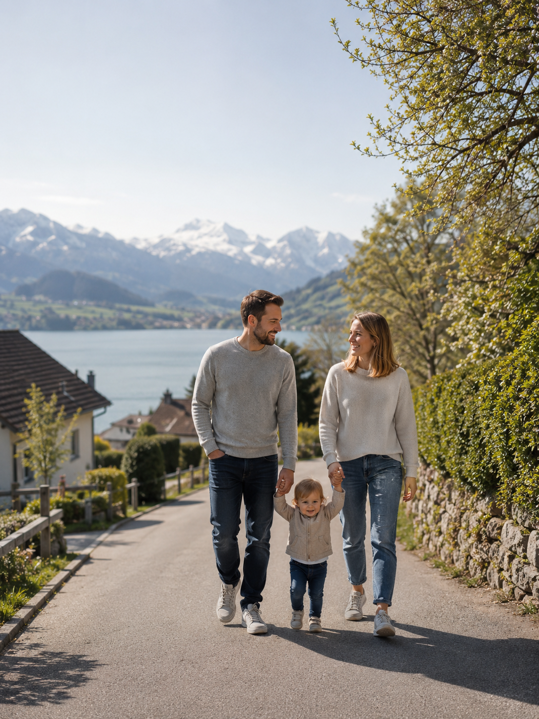 Familie unterwegs in einer Schweizer Wohnumgebung mit See und Bergen im Hintergrund
