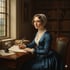 Jane Austen in blauem Kleid und Haube schreibt mit Federkiel an einem Holzschreibtisch.