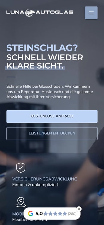 Website von Luna Autoglas in der Handy-Ansicht