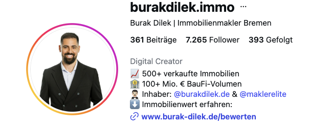 Instagram-Profil von Burak Dilek, Immobilienmakler Bremen