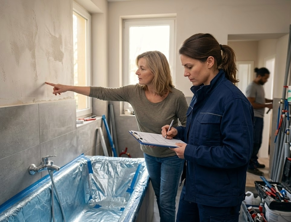 Sanitär-Installateurin und Endkundin im halb sanierten Bad im Nachtragsdialog.