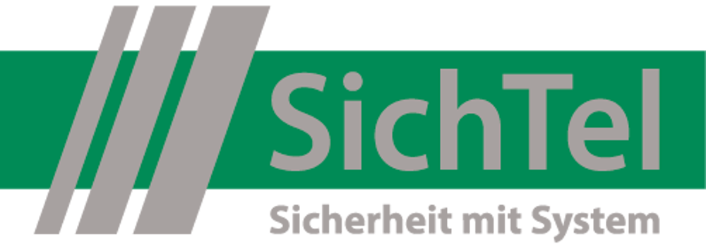Logo von SichTel in Grau auf grünem Hintergrund mit dem Slogan "Sicherheit mit System" darunter.