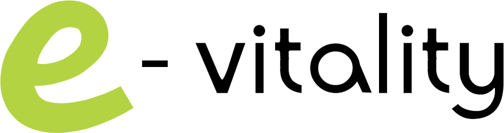 e-vitality Logo, mit grünem „e“ und schwarzem „-vitality“ auf dunkelgrünem Hintergrund.