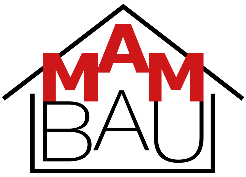 Schwarze Umrisse eines Hauses mit rotem Text "MAM" und schwarzem Text "BAU" für das Logo der Baufirma MAM Bau 