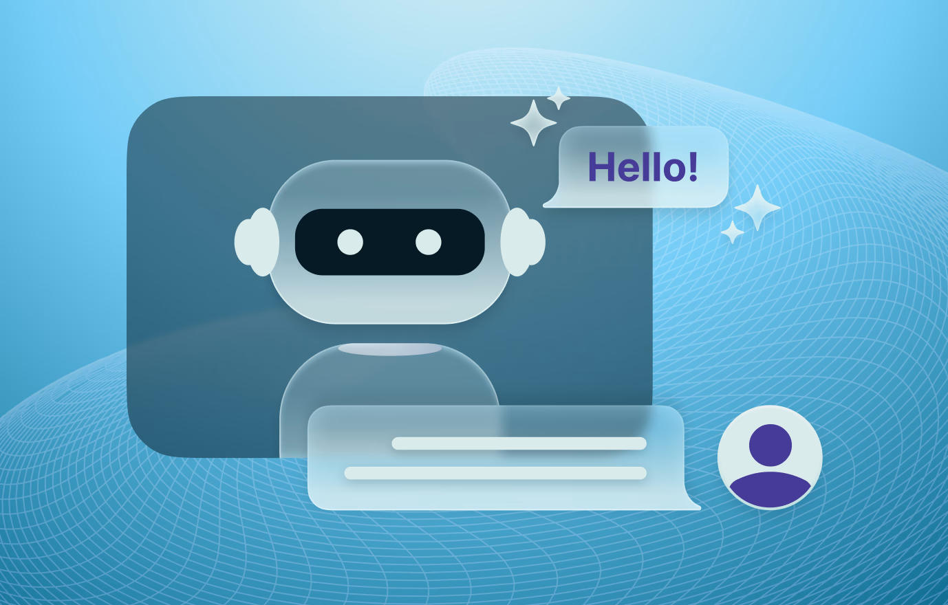 Chatbot-Symbol mit Sprechblase „Hello!“, daneben eine Sprechblase mit Textzeilen und ein Benutzersymbol.