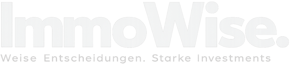 ImmoWise Logo: "ImmoWise. Weise Entscheidungen. Starke Investments" in Weiß auf dunklem Hintergrund.