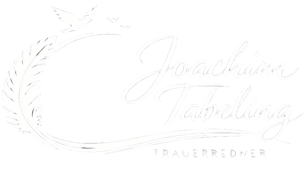 Grünes Logo: Weiße Feder, Vögel, Text "Joachim Tabelaing TRAUERREDNER" in kursiver Schrift.
