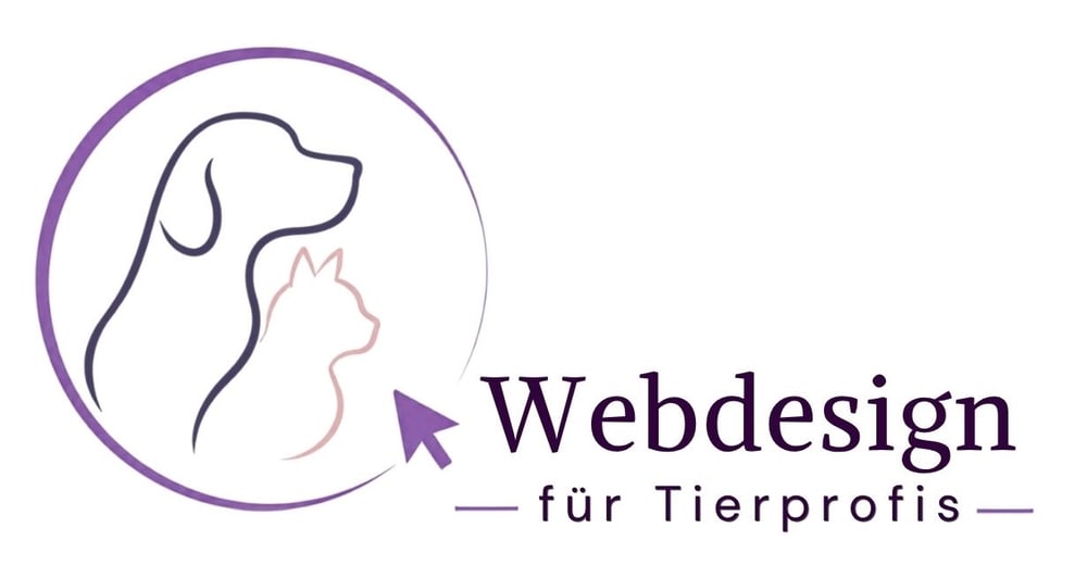 Logo mit Umrisslinien von Hund und Katze sowie dem Text Webdesign für Tierprofis und einem lila Cursor-Pfeil.