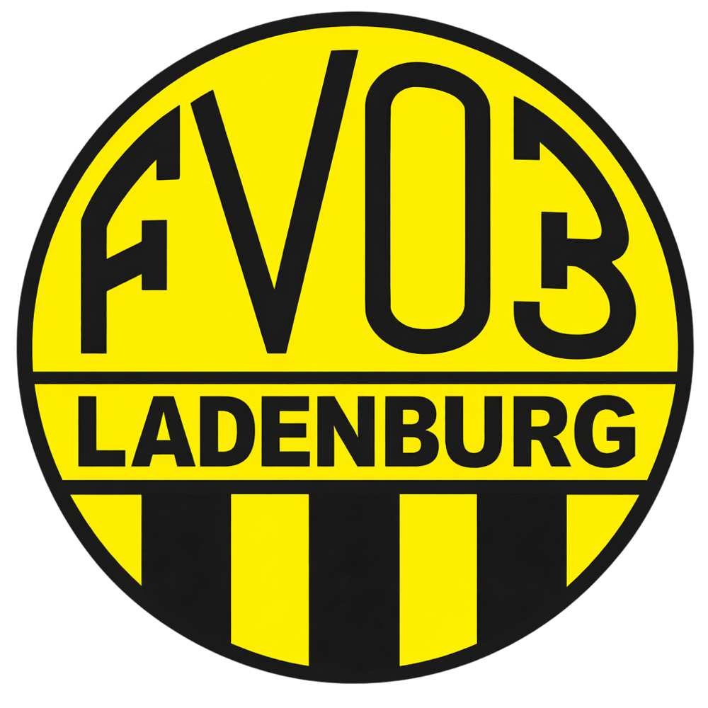 Rundes gelbes Logo mit schwarzem Rand, Aufschrift "FV03 LADENBURG" und drei vertikalen schwarzen Streifen.
