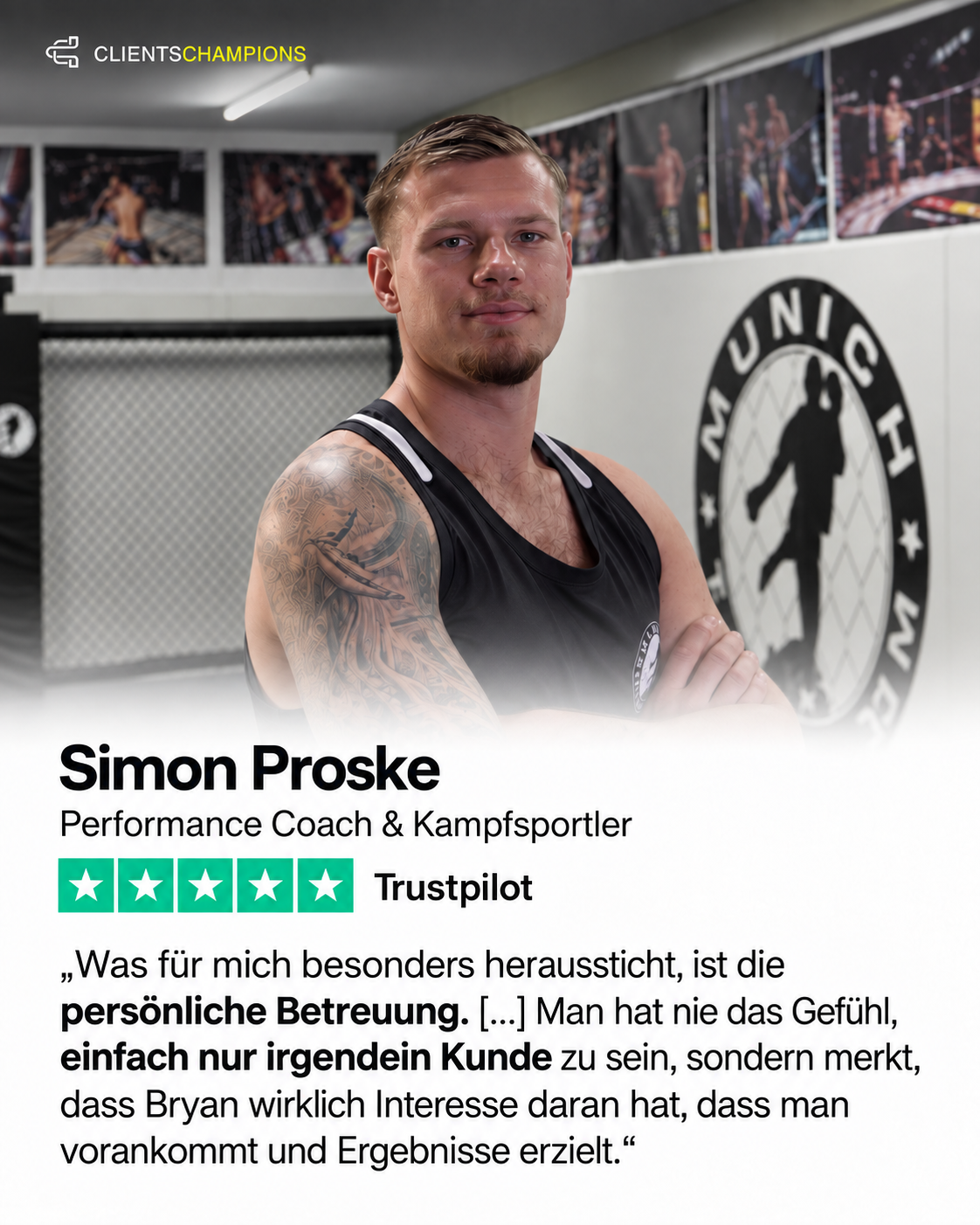 Kundenbewertung von Simon Proske mit Porträt und fünf Sternen