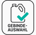 Kanister-Symbol mit grünem Häkchen und dem Text "GEBINDE- AUSWAHL".