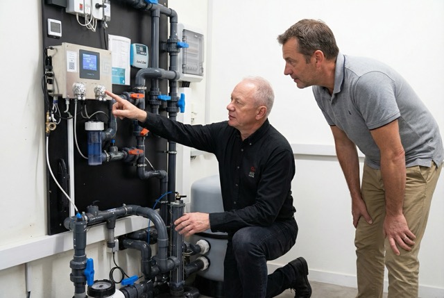 POOL+HOME Techniker bei der Wartung der Pooltechnik im Technikschacht