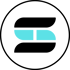 Abstraktes türkisfarbenes Logo aus zwei geometrischen Formen auf schwarzem Hintergrund.