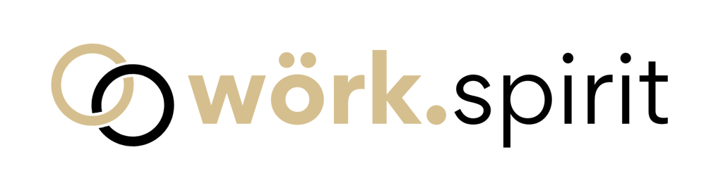 Das Logo "work.spirit" zeigt zwei ineinander verschlungene Ringe in Beige und Schwarz, gefolgt vom Text in Beige und Schwarz.
