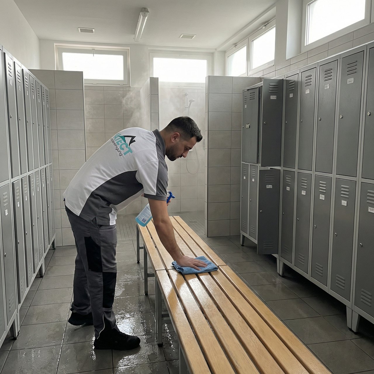 Intensive Reinigung eines gefliesten Umkleide- und Sanitärbereichs