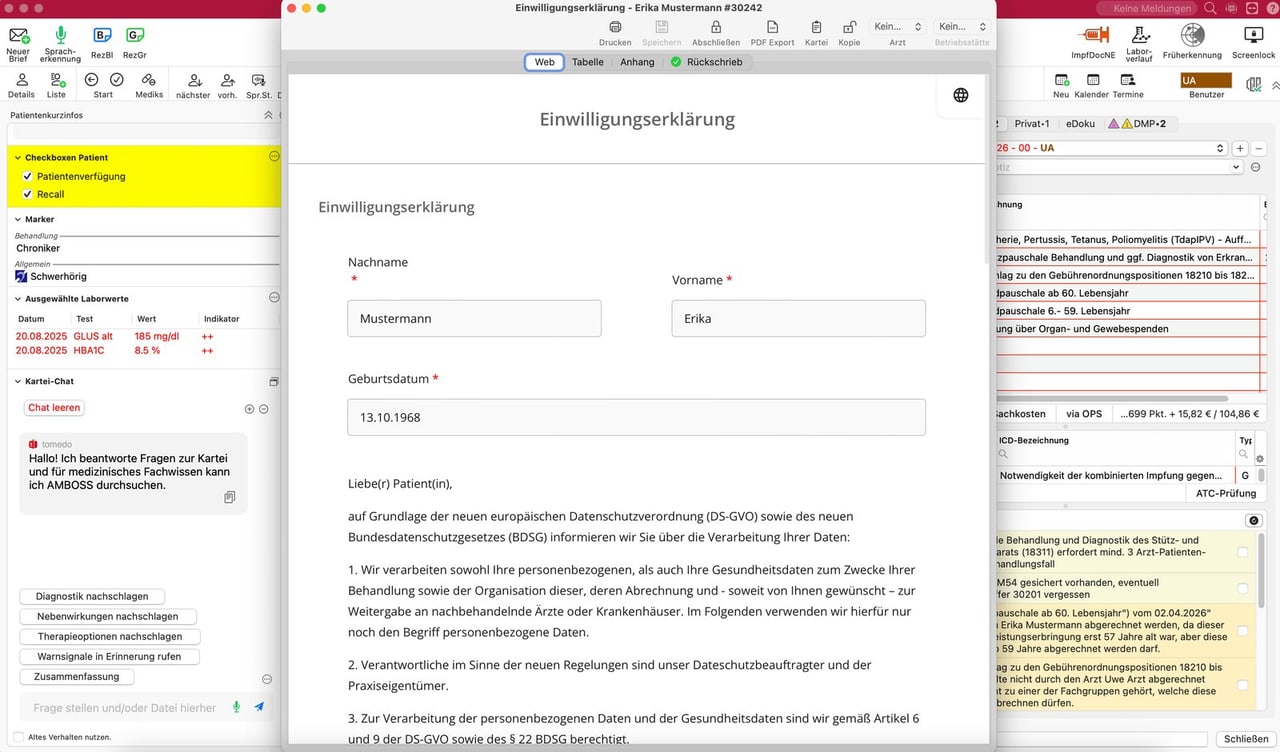 Digitale Einwilligungserklärung neben der Karteiansicht in tomedo, Beispieldaten