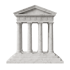 Antiker Tempel aus weißem Marmor mit vier kannelierten Säulen, Giebel und dreistufigem Sockel vor schwarzem Hintergrund.