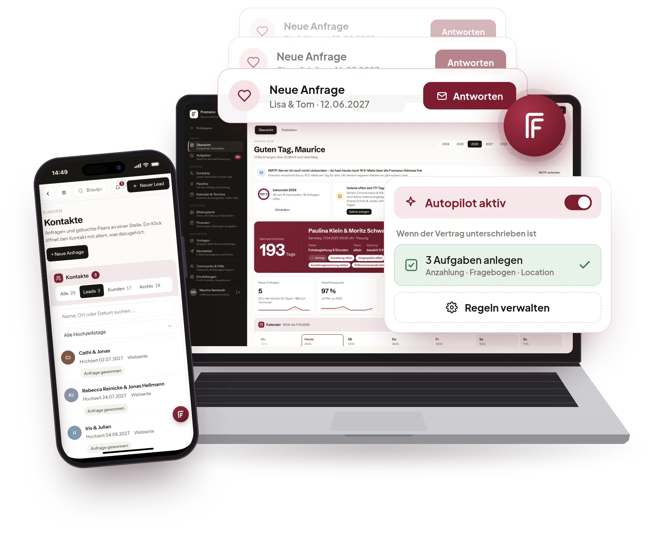Framano auf Laptop und Handy – Dashboard, Anfragen und Autopilot
