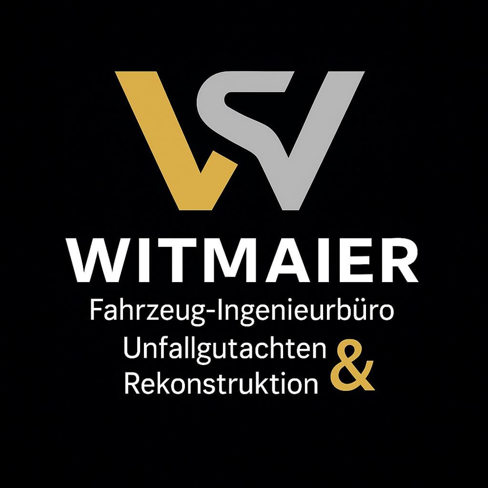 Logo Witmaier: Goldene und graue verschlungene Buchstaben "WS", darunter weißer Text "WITMAIER Fahrzeug-Ingenieurbüro Unfallgutachten & Rekonstruktion".