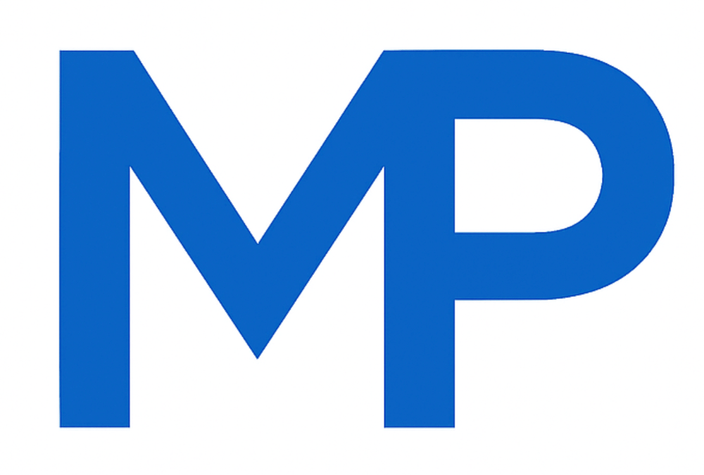 Blaues Logo mit den Großbuchstaben "MP" auf weißem Hintergrund.