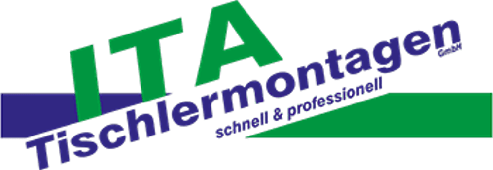 Logo: "ITA Tischlermontagen schnell & professionell" in Grün und Violett auf dunkelgrünem Hintergrund.
