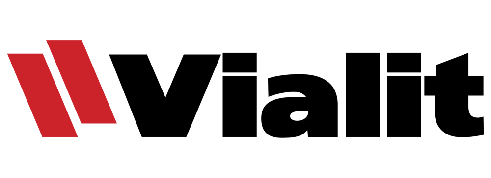Vialit Logo mit zwei roten, schrägen Balken links und dem Firmennamen in schwarzer, fettgedruckter Schrift.