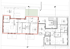 Grundriss eines Wohnhauses mit rot umrandetem Obergeschoss und angrenzender Dachterrasse.