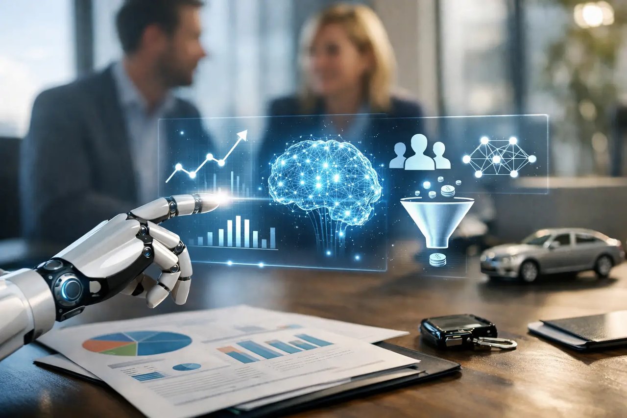 Roboterhand bedient virtuelles Interface mit Gehirn-Symbol, Daten-Charts und Icons vor zwei Personen im Büro.
