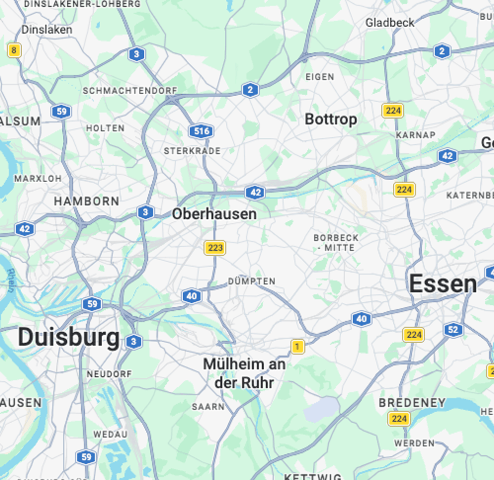 Karte mit Oberhausen, Duisburg, Bottrop, Mülheim an der Ruhr und Essen