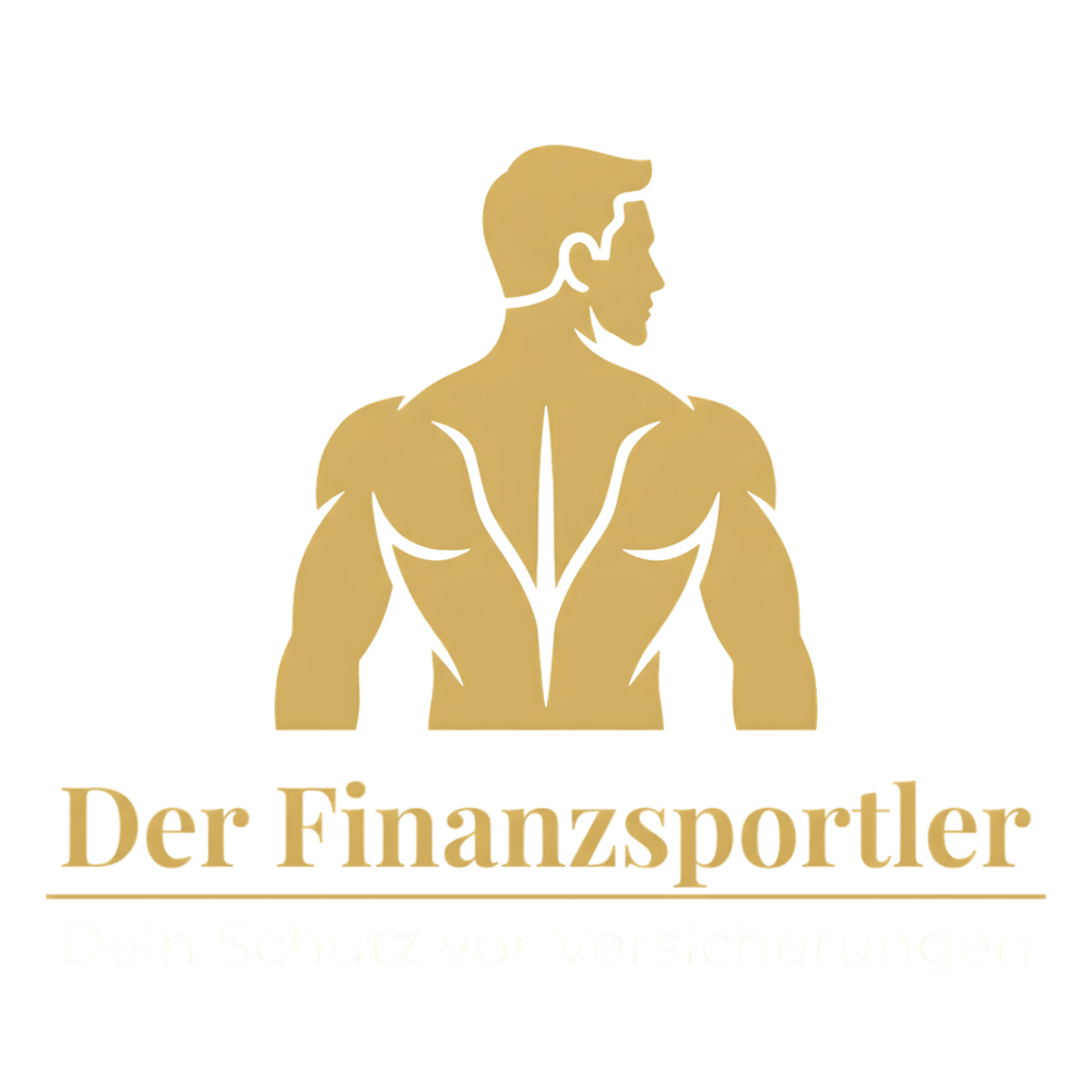 Goldene Silhouette eines muskulösen Oberkörpers über dem goldenen Text "Der Finanzsportler" auf grünem Hintergrund.