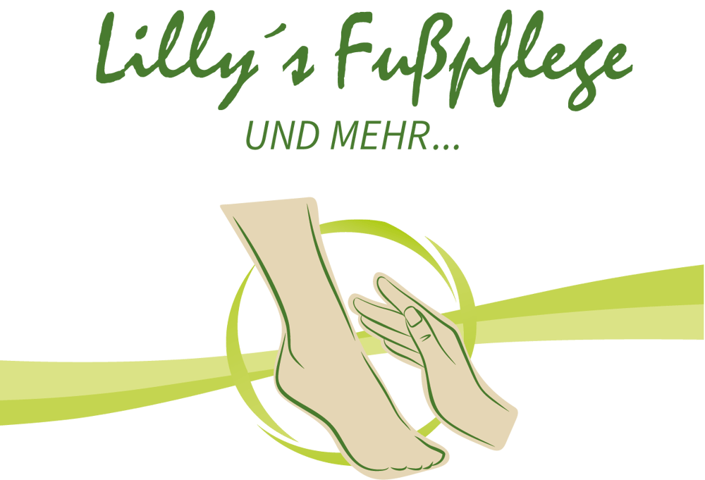Lilly's Fußpflege UND MEHR... Logo: Fuß und Hände in hellem Grün auf dunkelgrünem Hintergrund.