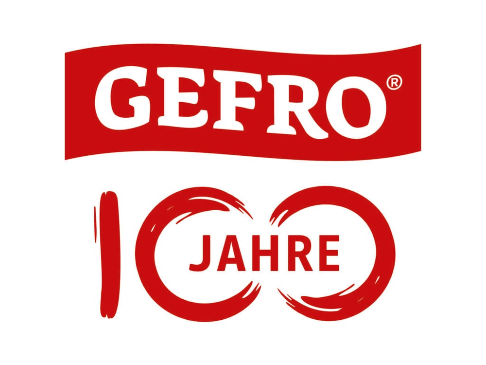 GEFRO Logo und Schriftzug "100 JAHRE" in Rot auf Weiß