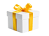 Weißes Geschenkpaket mit einer glänzenden goldgelben Schleife.