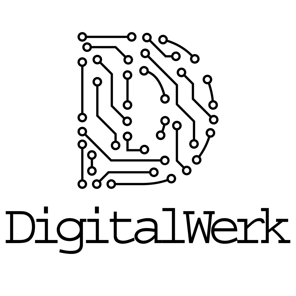 Logo: Leiterplattendesign in Form eines D über dem Text "DigitalWerk" auf grünem Hintergrund.