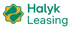 Halyk Leasing Logo: Grüner Text "Halyk Leasing" neben einem goldenen, sternförmigen Symbol mit zwei grünen, geschwungenen Formen.