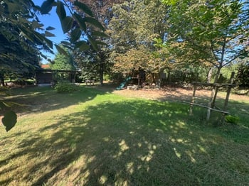 Weitere Gartenfläche mit Rasen und altem Baumbestand